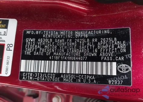 2017 Toyota Camry Xse z USA, uszkodzony, nr VIN 4T1BF1FK1HU644077